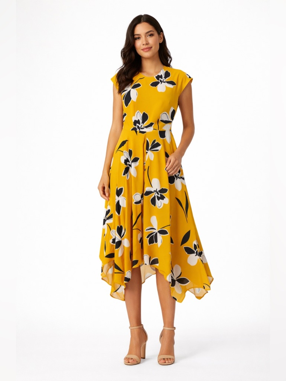 Who What Wear Yellow Floral Midi Dress – Flowy Handkerchief Hem